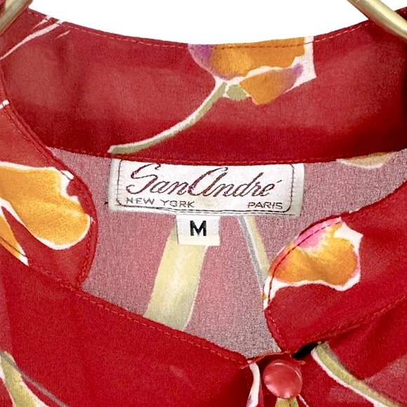 VINTAGE Sheer Brick Red Floral Ruffle Neck Short Sleeve Button Up Blouse - Picture 6 of 6